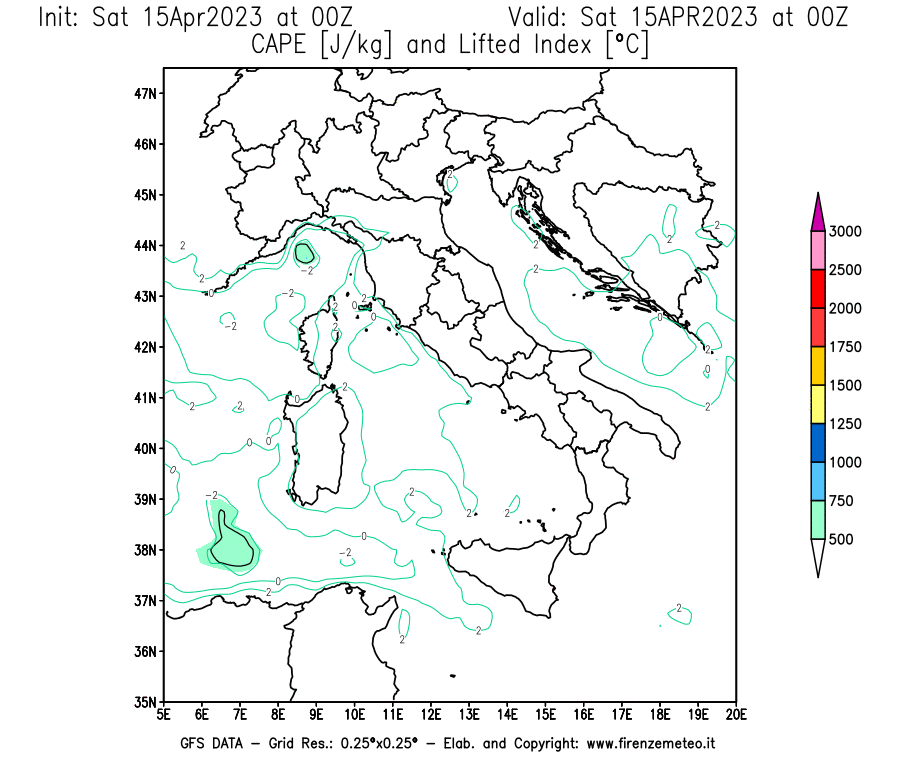 GFS analysi map - CAPE [J/kg] and Lifted Index [°C] in Italy
									on 15/04/2023 00 <!--googleoff: index-->UTC<!--googleon: index-->