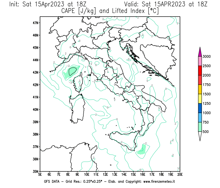Mappa di analisi GFS - CAPE [J/kg] e Lifted Index [°C] in Italia
							del 15/04/2023 18 <!--googleoff: index-->UTC<!--googleon: index-->