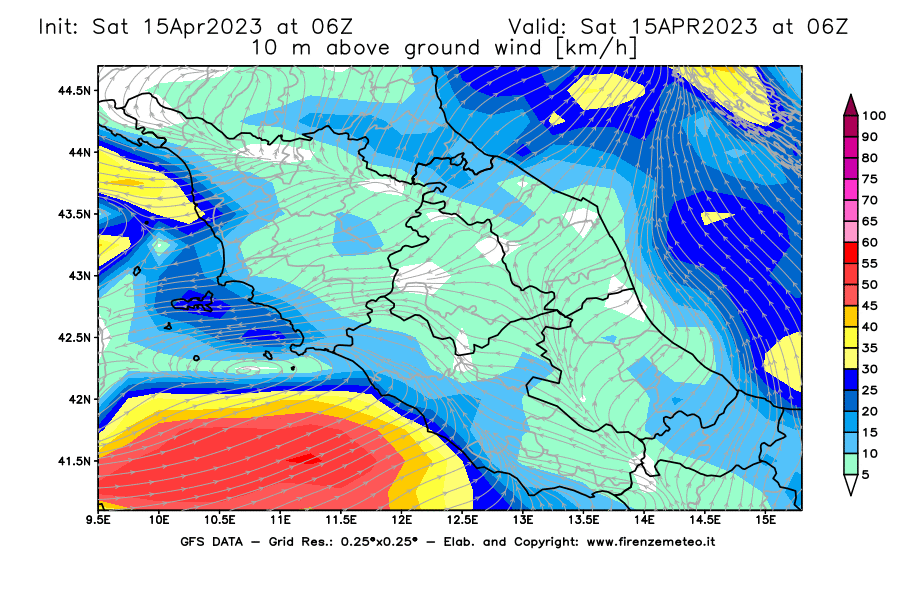 Mappa di analisi GFS - Velocità del vento a 10 metri dal suolo [km/h] in Centro-Italia
							del 15/04/2023 06 <!--googleoff: index-->UTC<!--googleon: index-->