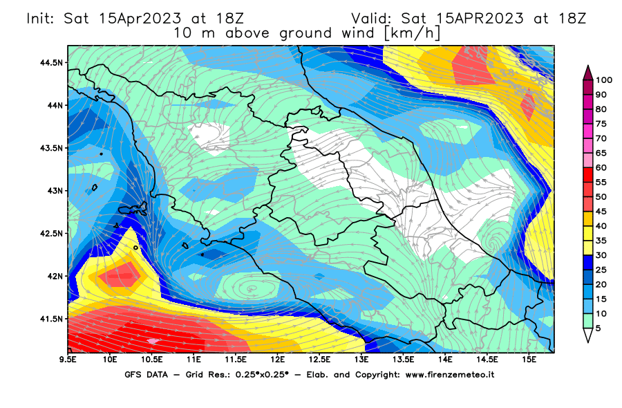 Mappa di analisi GFS - Velocità del vento a 10 metri dal suolo [km/h] in Centro-Italia
							del 15/04/2023 18 <!--googleoff: index-->UTC<!--googleon: index-->