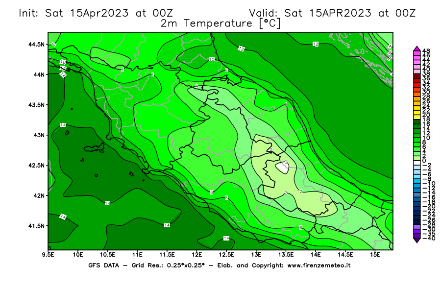 GFS analysi map - Temperature at 2 m above ground [°C] in Central Italy
									on 15/04/2023 00 <!--googleoff: index-->UTC<!--googleon: index-->