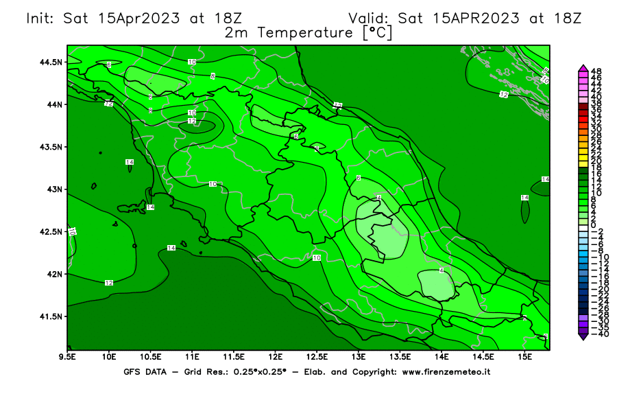 Mappa di analisi GFS - Temperatura a 2 metri dal suolo [°C] in Centro-Italia
							del 15/04/2023 18 <!--googleoff: index-->UTC<!--googleon: index-->
