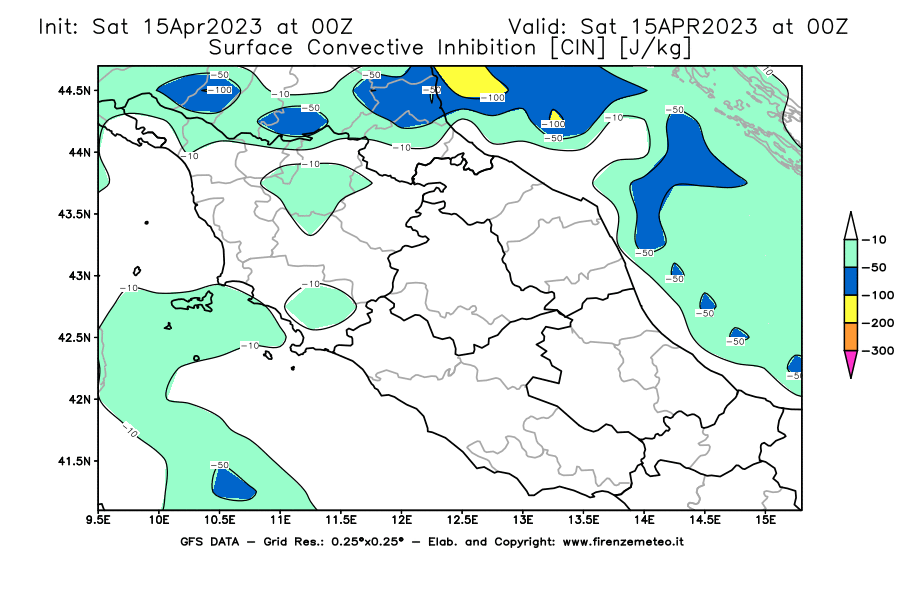 Mappa di analisi GFS - CIN [J/kg] in Centro-Italia
							del 15/04/2023 00 <!--googleoff: index-->UTC<!--googleon: index-->