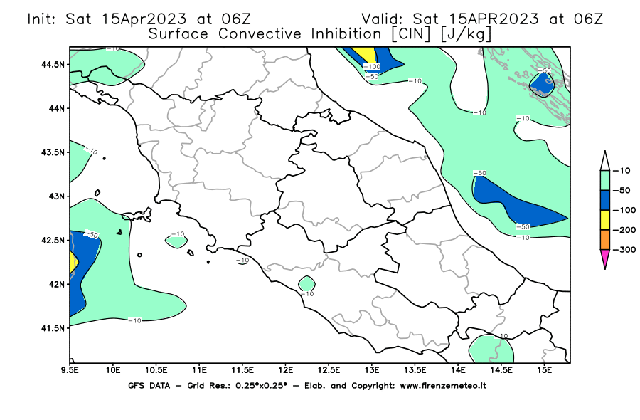 GFS analysi map - CIN [J/kg] in Central Italy
									on 15/04/2023 06 <!--googleoff: index-->UTC<!--googleon: index-->