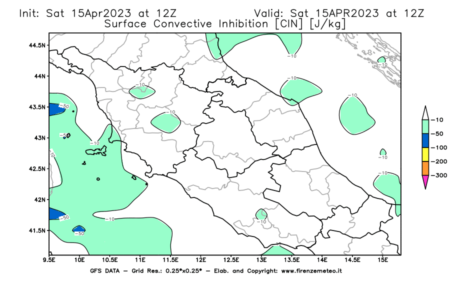 GFS analysi map - CIN [J/kg] in Central Italy
									on 15/04/2023 12 <!--googleoff: index-->UTC<!--googleon: index-->