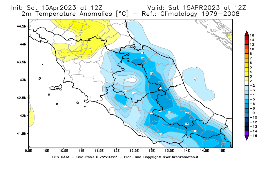 Mappa di analisi GFS - Anomalia Temperatura [°C] a 2 m in Centro-Italia
							del 15/04/2023 12 <!--googleoff: index-->UTC<!--googleon: index-->