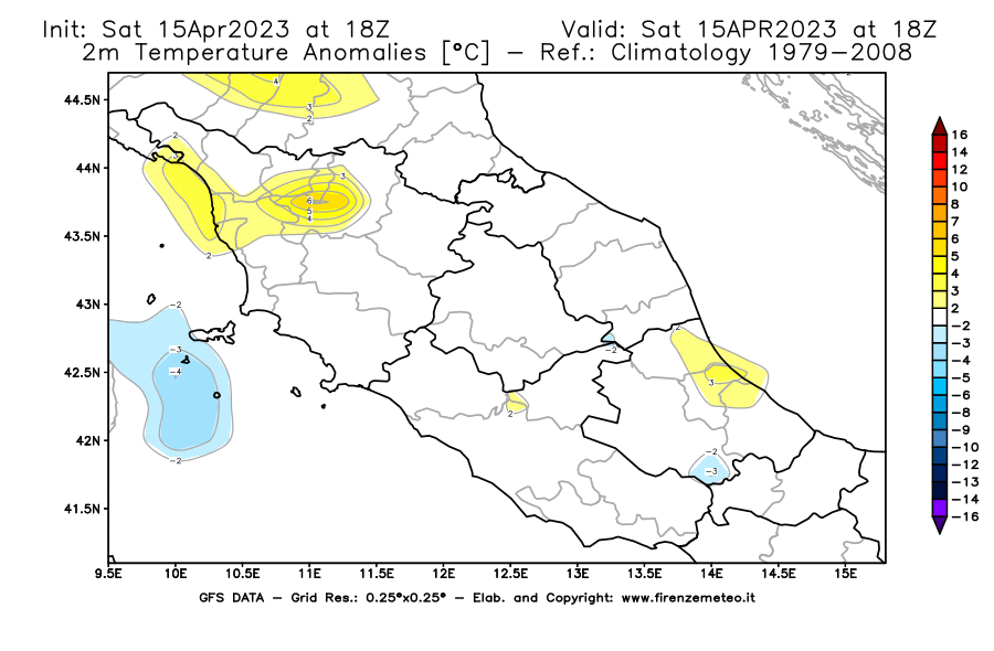Mappa di analisi GFS - Anomalia Temperatura [°C] a 2 m in Centro-Italia
							del 15/04/2023 18 <!--googleoff: index-->UTC<!--googleon: index-->