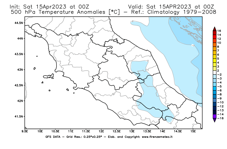 Mappa di analisi GFS - Anomalia Temperatura [°C] a 500 hPa in Centro-Italia
							del 15/04/2023 00 <!--googleoff: index-->UTC<!--googleon: index-->