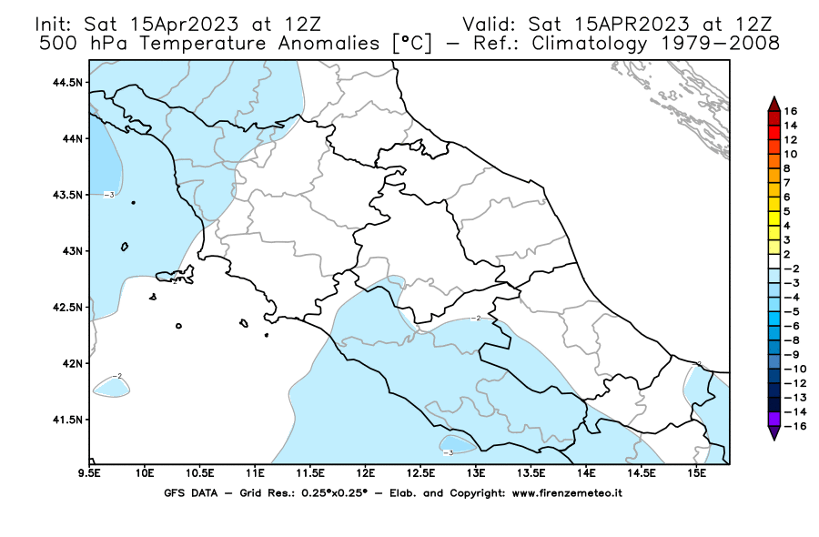 Mappa di analisi GFS - Anomalia Temperatura [°C] a 500 hPa in Centro-Italia
							del 15/04/2023 12 <!--googleoff: index-->UTC<!--googleon: index-->