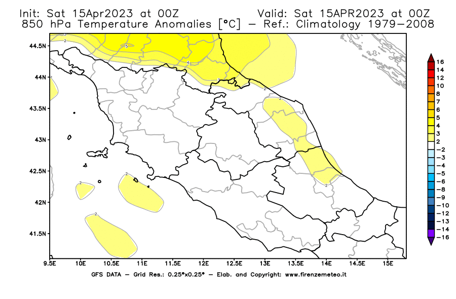 GFS analysi map - Temperature Anomalies [°C] at 850 hPa in Central Italy
									on 15/04/2023 00 <!--googleoff: index-->UTC<!--googleon: index-->