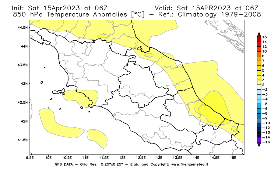Mappa di analisi GFS - Anomalia Temperatura [°C] a 850 hPa in Centro-Italia
							del 15/04/2023 06 <!--googleoff: index-->UTC<!--googleon: index-->