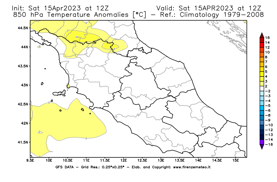 Mappa di analisi GFS - Anomalia Temperatura [°C] a 850 hPa in Centro-Italia
							del 15/04/2023 12 <!--googleoff: index-->UTC<!--googleon: index-->