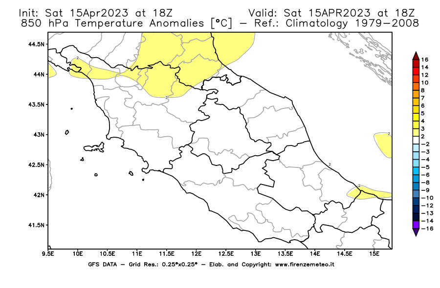 GFS analysi map - Temperature Anomalies [°C] at 850 hPa in Central Italy
									on 15/04/2023 18 <!--googleoff: index-->UTC<!--googleon: index-->