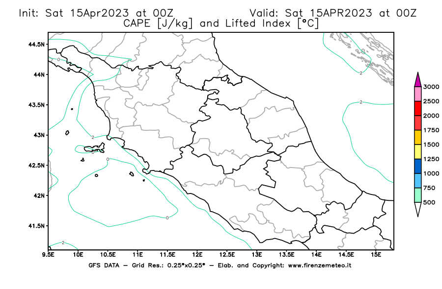 GFS analysi map - CAPE [J/kg] and Lifted Index [°C] in Central Italy
									on 15/04/2023 00 <!--googleoff: index-->UTC<!--googleon: index-->