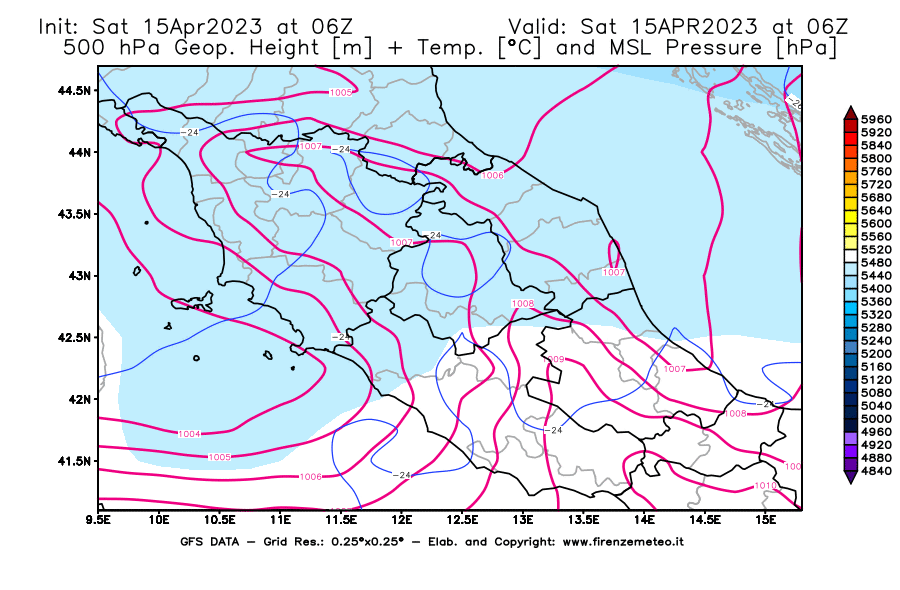 Mappa di analisi GFS - Geopotenziale [m] + Temp. [°C] a 500 hPa + Press. a livello del mare [hPa] in Centro-Italia
							del 15/04/2023 06 <!--googleoff: index-->UTC<!--googleon: index-->