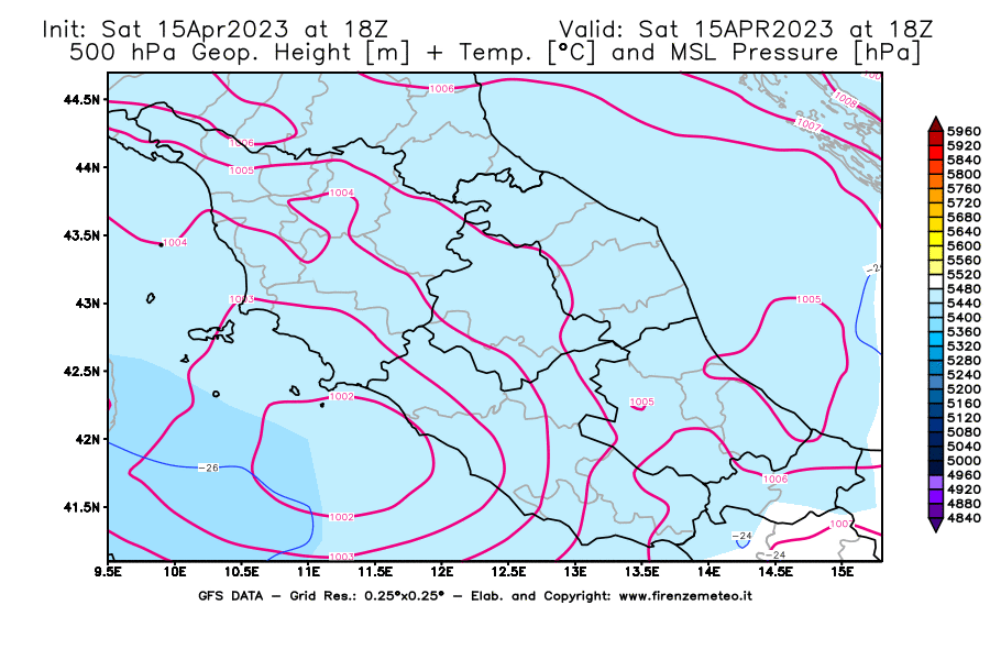 Mappa di analisi GFS - Geopotenziale [m] + Temp. [°C] a 500 hPa + Press. a livello del mare [hPa] in Centro-Italia
							del 15/04/2023 18 <!--googleoff: index-->UTC<!--googleon: index-->