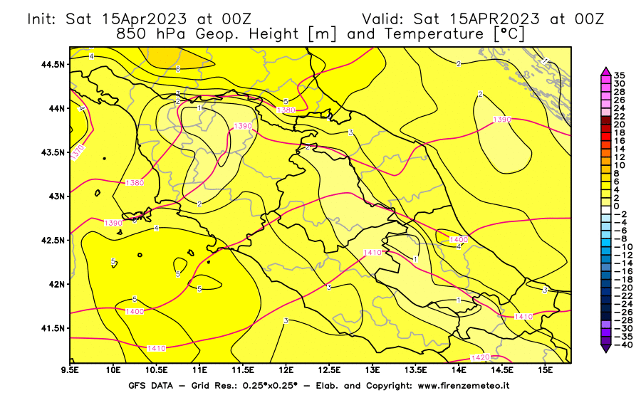 Mappa di analisi GFS - Geopotenziale [m] e Temperatura [°C] a 850 hPa in Centro-Italia
							del 15/04/2023 00 <!--googleoff: index-->UTC<!--googleon: index-->