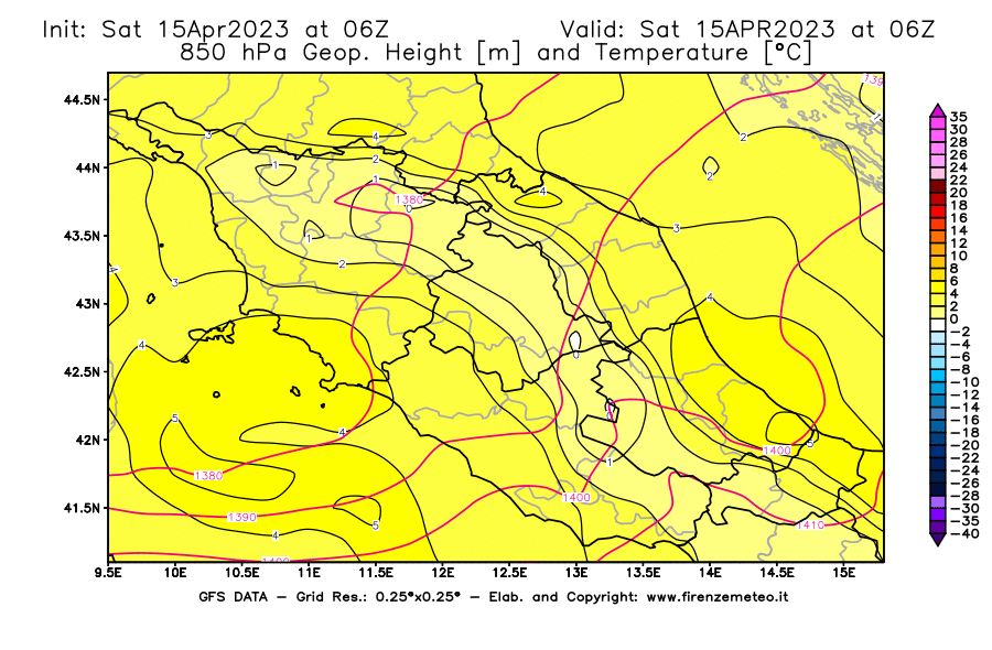 Mappa di analisi GFS - Geopotenziale [m] e Temperatura [°C] a 850 hPa in Centro-Italia
							del 15/04/2023 06 <!--googleoff: index-->UTC<!--googleon: index-->