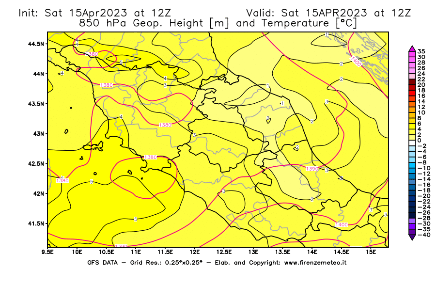 Mappa di analisi GFS - Geopotenziale [m] e Temperatura [°C] a 850 hPa in Centro-Italia
							del 15/04/2023 12 <!--googleoff: index-->UTC<!--googleon: index-->