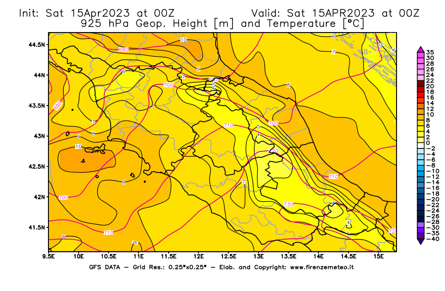GFS analysi map - Geopotential [m] and Temperature [°C] at 925 hPa in Central Italy
									on 15/04/2023 00 <!--googleoff: index-->UTC<!--googleon: index-->