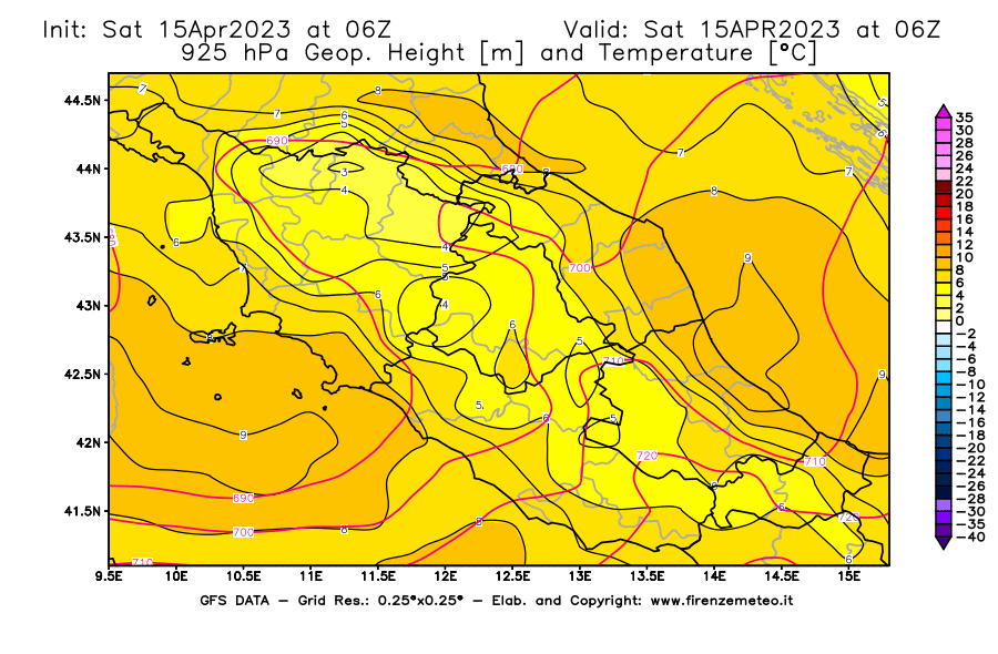 Mappa di analisi GFS - Geopotenziale [m] e Temperatura [°C] a 925 hPa in Centro-Italia
							del 15/04/2023 06 <!--googleoff: index-->UTC<!--googleon: index-->