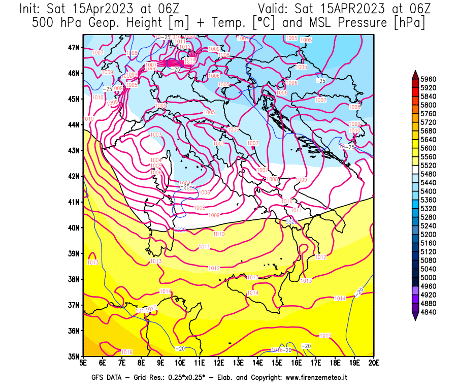 GFS analysi map - Geopotential [m] + Temp. [°C] at 500 hPa + Sea Level Pressure [hPa] in Italy
									on 15/04/2023 06 <!--googleoff: index-->UTC<!--googleon: index-->