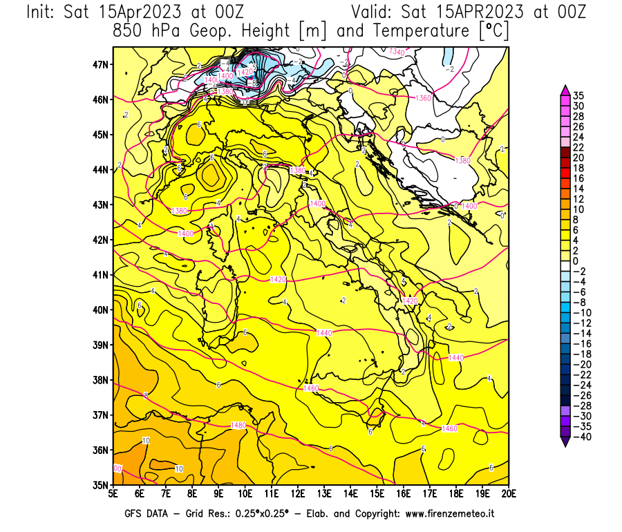 Mappa di analisi GFS - Geopotenziale [m] e Temperatura [°C] a 850 hPa in Italia
							del 15/04/2023 00 <!--googleoff: index-->UTC<!--googleon: index-->