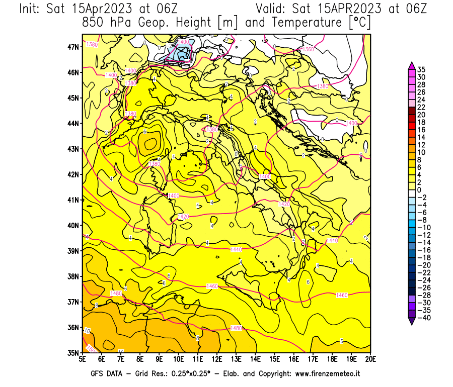 Mappa di analisi GFS - Geopotenziale [m] e Temperatura [°C] a 850 hPa in Italia
							del 15/04/2023 06 <!--googleoff: index-->UTC<!--googleon: index-->