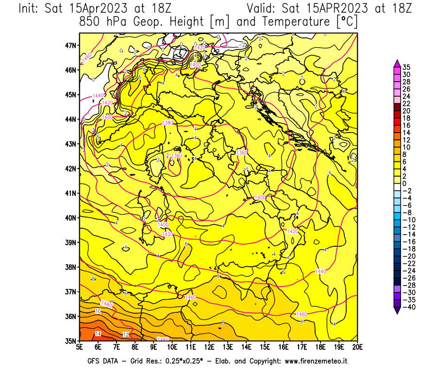 GFS analysi map - Geopotential [m] and Temperature [°C] at 850 hPa in Italy
									on 15/04/2023 18 <!--googleoff: index-->UTC<!--googleon: index-->