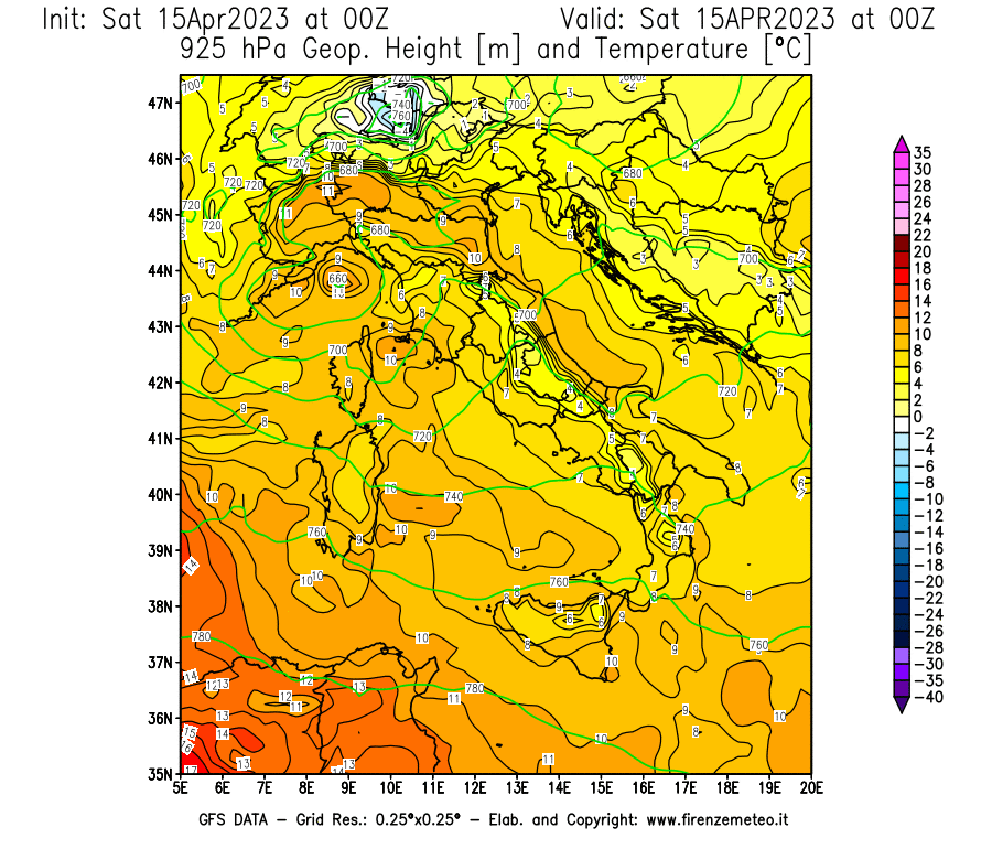 Mappa di analisi GFS - Geopotenziale [m] e Temperatura [°C] a 925 hPa in Italia
							del 15/04/2023 00 <!--googleoff: index-->UTC<!--googleon: index-->