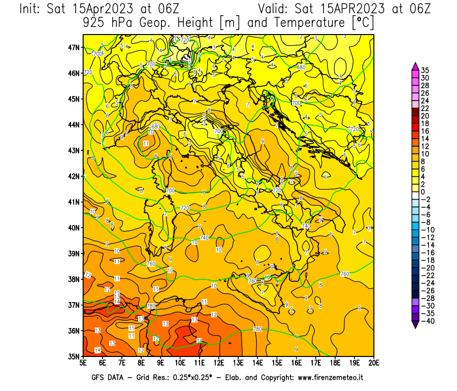 Mappa di analisi GFS - Geopotenziale [m] e Temperatura [°C] a 925 hPa in Italia
							del 15/04/2023 06 <!--googleoff: index-->UTC<!--googleon: index-->