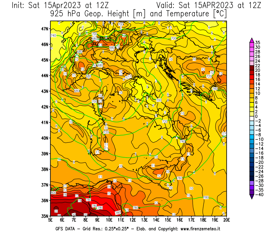 Mappa di analisi GFS - Geopotenziale [m] e Temperatura [°C] a 925 hPa in Italia
							del 15/04/2023 12 <!--googleoff: index-->UTC<!--googleon: index-->