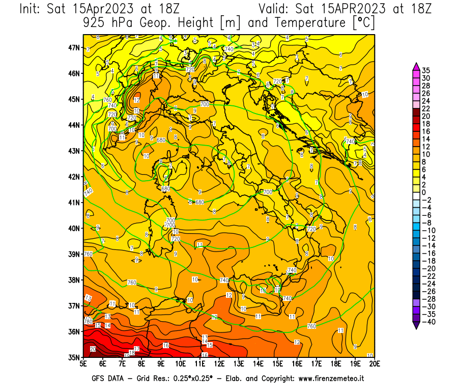 GFS analysi map - Geopotential [m] and Temperature [°C] at 925 hPa in Italy
									on 15/04/2023 18 <!--googleoff: index-->UTC<!--googleon: index-->