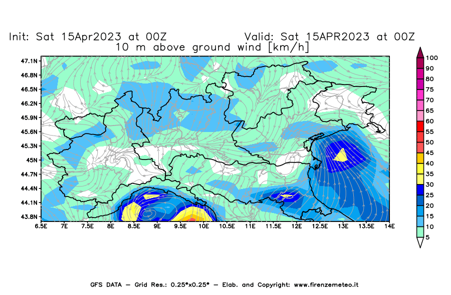 GFS analysi map - Wind Speed at 10 m above ground [km/h] in Northern Italy
									on 15/04/2023 00 <!--googleoff: index-->UTC<!--googleon: index-->
