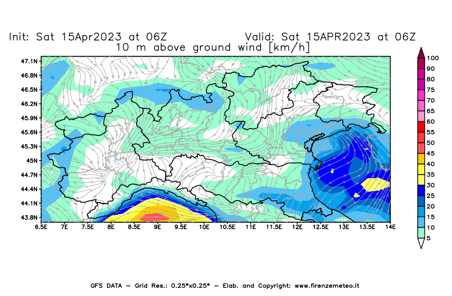 GFS analysi map - Wind Speed at 10 m above ground [km/h] in Northern Italy
									on 15/04/2023 06 <!--googleoff: index-->UTC<!--googleon: index-->