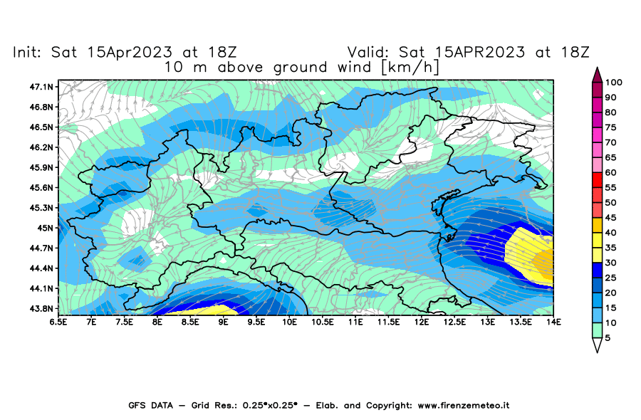 Mappa di analisi GFS - Velocità del vento a 10 metri dal suolo [km/h] in Nord-Italia
							del 15/04/2023 18 <!--googleoff: index-->UTC<!--googleon: index-->