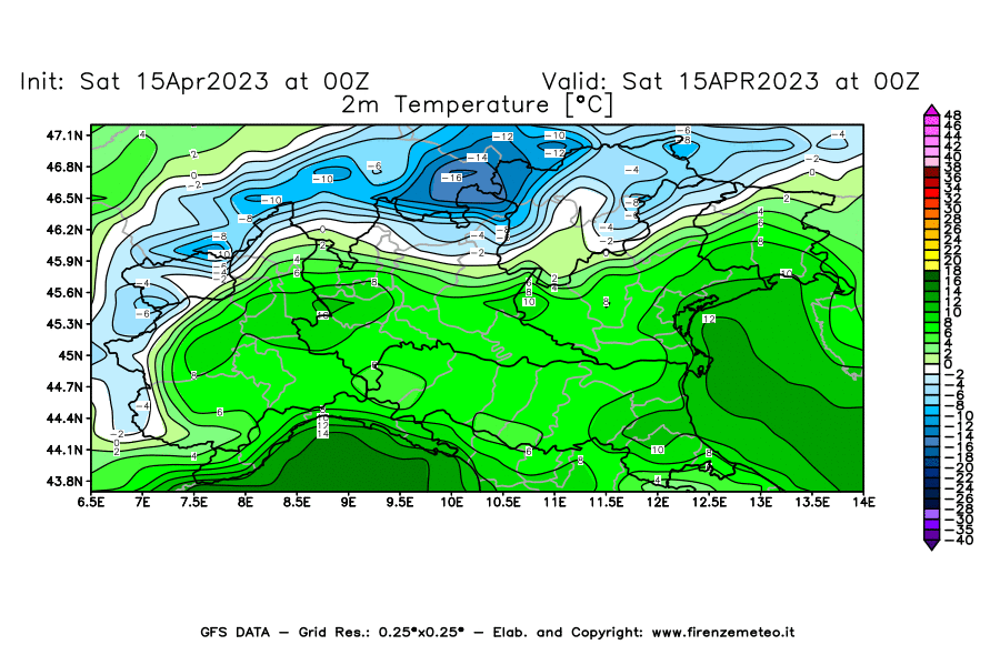 GFS analysi map - Temperature at 2 m above ground [°C] in Northern Italy
									on 15/04/2023 00 <!--googleoff: index-->UTC<!--googleon: index-->