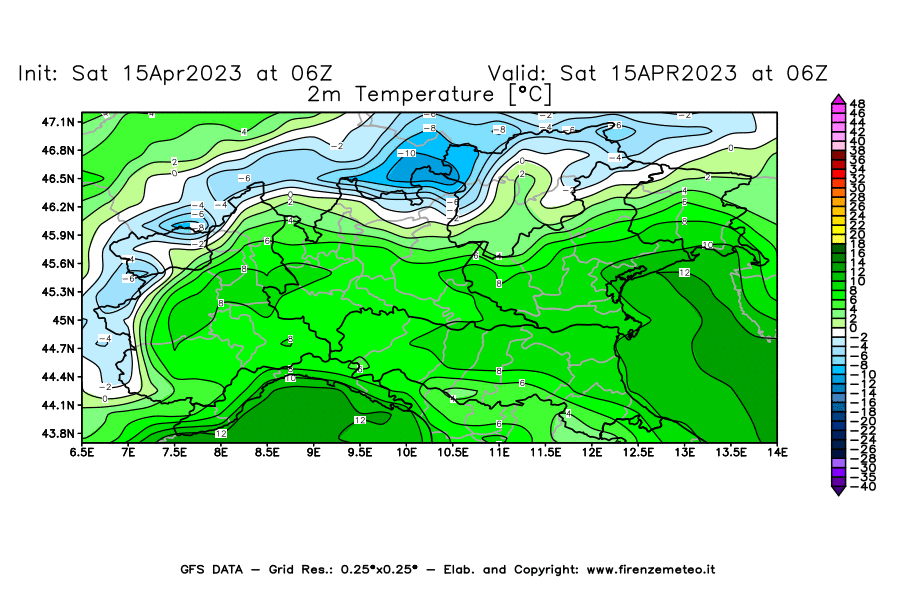 GFS analysi map - Temperature at 2 m above ground [°C] in Northern Italy
									on 15/04/2023 06 <!--googleoff: index-->UTC<!--googleon: index-->