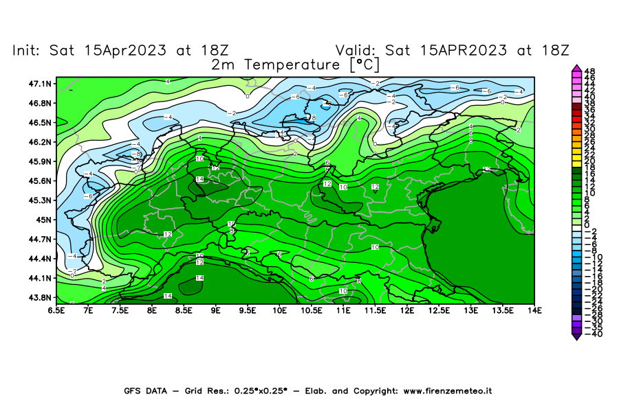 GFS analysi map - Temperature at 2 m above ground [°C] in Northern Italy
									on 15/04/2023 18 <!--googleoff: index-->UTC<!--googleon: index-->