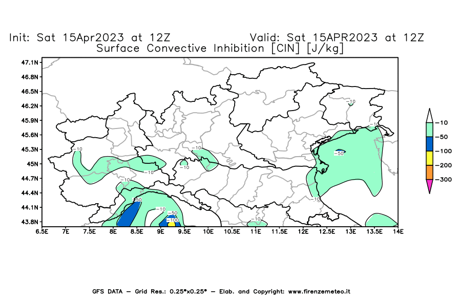 GFS analysi map - CIN [J/kg] in Northern Italy
									on 15/04/2023 12 <!--googleoff: index-->UTC<!--googleon: index-->