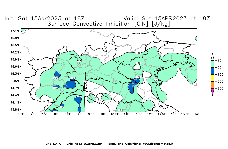 GFS analysi map - CIN [J/kg] in Northern Italy
									on 15/04/2023 18 <!--googleoff: index-->UTC<!--googleon: index-->