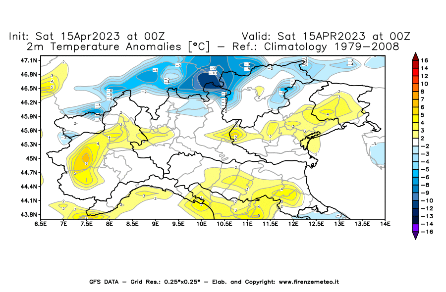 GFS analysi map - Temperature Anomalies [°C] at 2 m in Northern Italy
									on 15/04/2023 00 <!--googleoff: index-->UTC<!--googleon: index-->