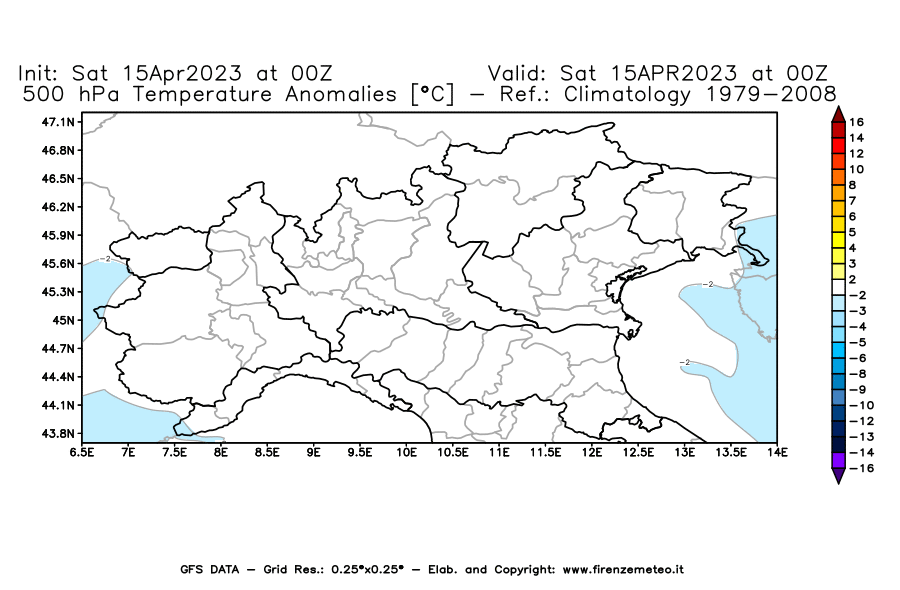 GFS analysi map - Temperature Anomalies [°C] at 500 hPa in Northern Italy
									on 15/04/2023 00 <!--googleoff: index-->UTC<!--googleon: index-->