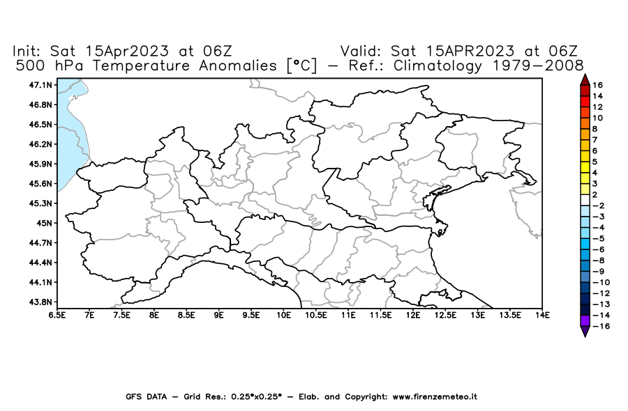 GFS analysi map - Temperature Anomalies [°C] at 500 hPa in Northern Italy
									on 15/04/2023 06 <!--googleoff: index-->UTC<!--googleon: index-->