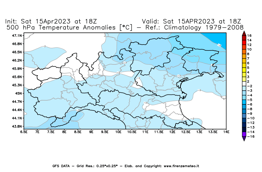 GFS analysi map - Temperature Anomalies [°C] at 500 hPa in Northern Italy
									on 15/04/2023 18 <!--googleoff: index-->UTC<!--googleon: index-->