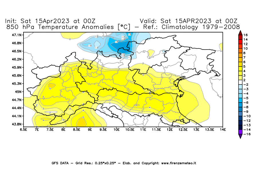 GFS analysi map - Temperature Anomalies [°C] at 850 hPa in Northern Italy
									on 15/04/2023 00 <!--googleoff: index-->UTC<!--googleon: index-->