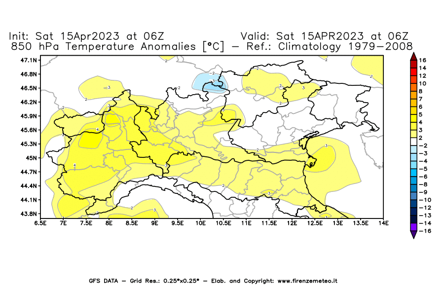 GFS analysi map - Temperature Anomalies [°C] at 850 hPa in Northern Italy
									on 15/04/2023 06 <!--googleoff: index-->UTC<!--googleon: index-->