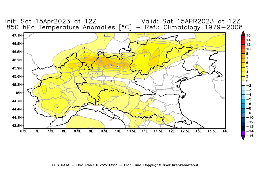 GFS analysi map - Temperature Anomalies [°C] at 850 hPa in Northern Italy
									on 15/04/2023 12 <!--googleoff: index-->UTC<!--googleon: index-->