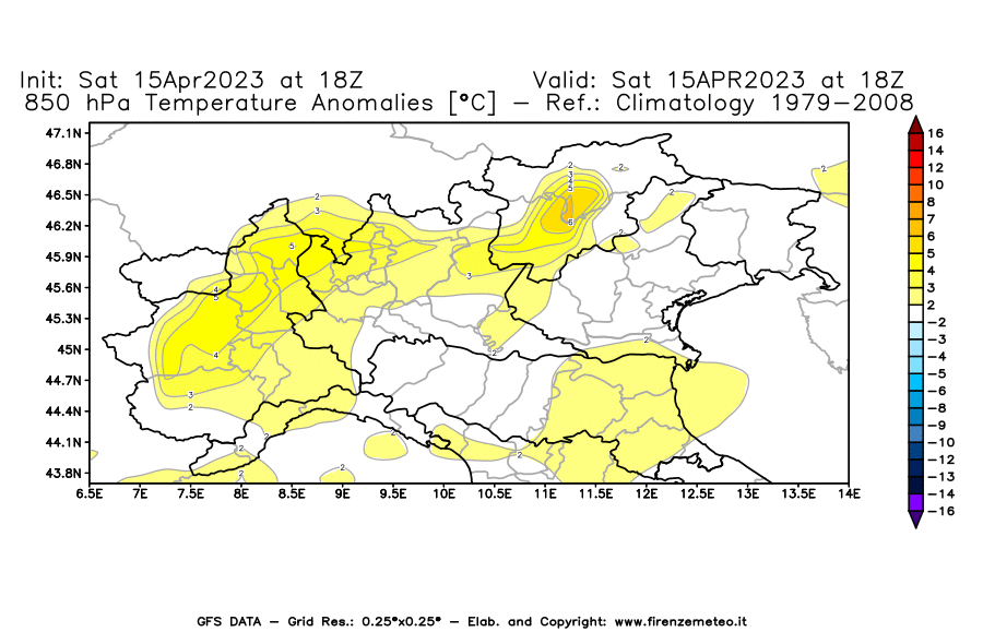 GFS analysi map - Temperature Anomalies [°C] at 850 hPa in Northern Italy
									on 15/04/2023 18 <!--googleoff: index-->UTC<!--googleon: index-->
