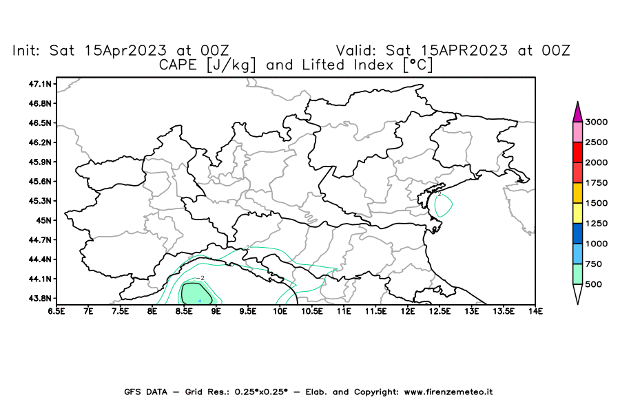 GFS analysi map - CAPE [J/kg] and Lifted Index [°C] in Northern Italy
									on 15/04/2023 00 <!--googleoff: index-->UTC<!--googleon: index-->